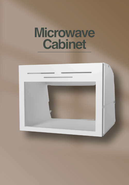 Compact microwave cabinet installed in a transit van, designed for space-saving convenience.