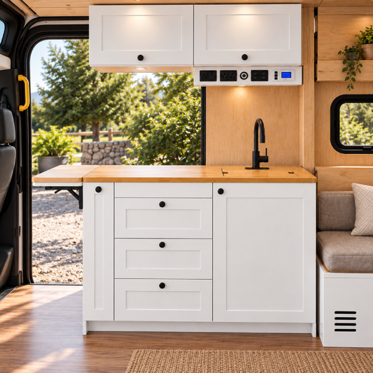 Camper Van Kitchen Cabinet with Bamboo & Fold-Out Extended Countertop | Vankea