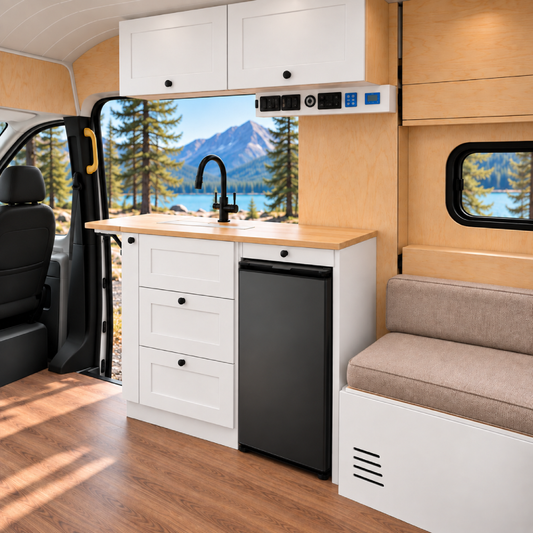 White Kitchen Cabinet with Fold-Out Bamboo Counter for Campervan | Vankea