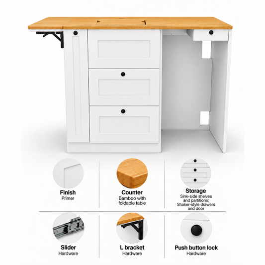 White Kitchen Cabinet with Fold-Out Bamboo Counter for Campervan | Vankea