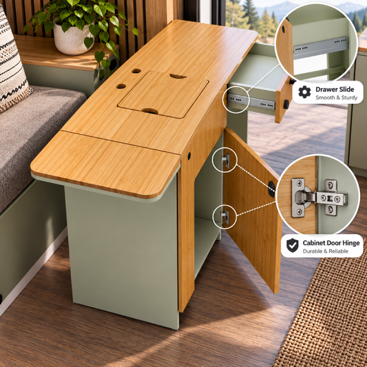 Sprinter Van Kitchen Cabinet with Bamboo Top and Pull-Out Storage in Pastel Sage | Vankea