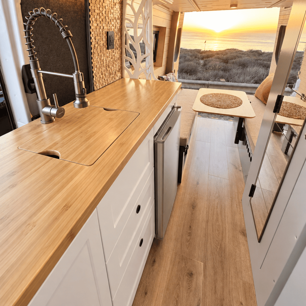 White Kitchen Cabinet with Fold-Out Bamboo Counter for Campervan | Vankea