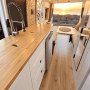 White Kitchen Cabinet with Fold-Out Bamboo Counter for Campervan | Vankea