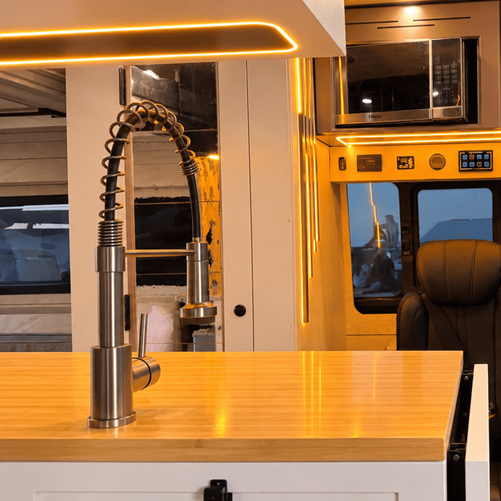 White Kitchen Cabinet with Fold-Out Bamboo Counter for Campervan | Vankea