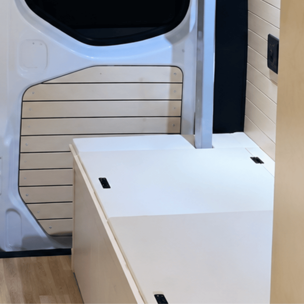 Lightweight White Dinette Bench to Bed Built to Fit Your Sprinter 170 | Vankea