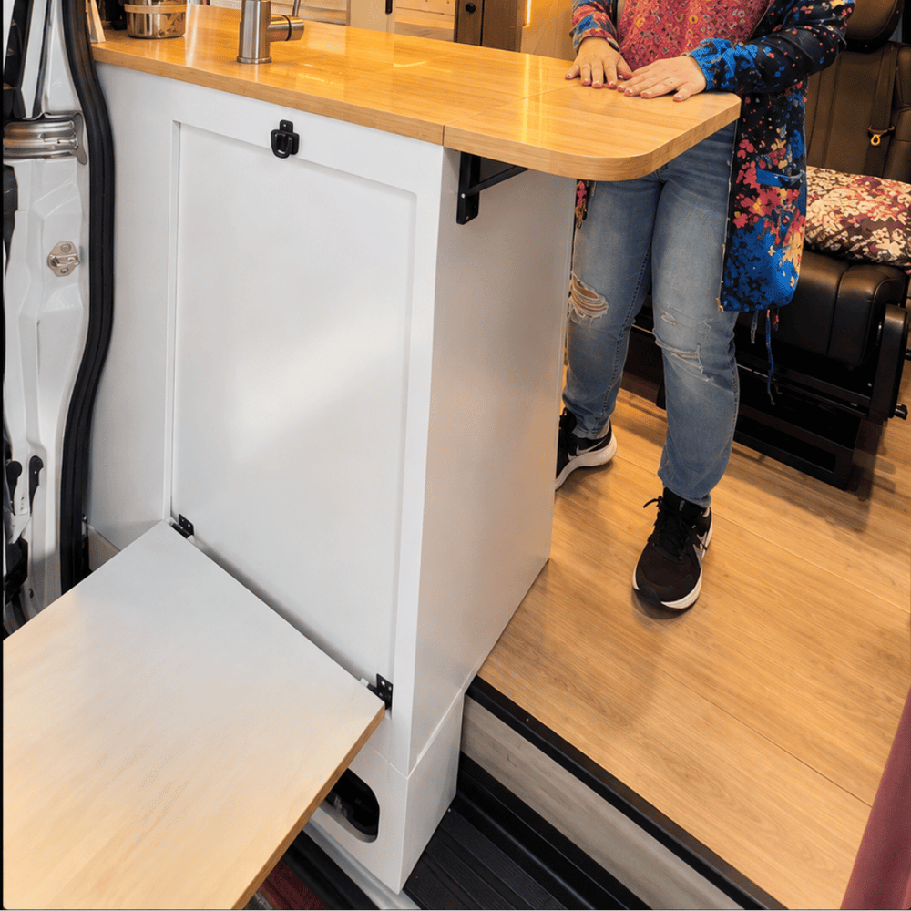 White Kitchen Cabinet with Fold-Out Bamboo Counter for Campervan | Vankea