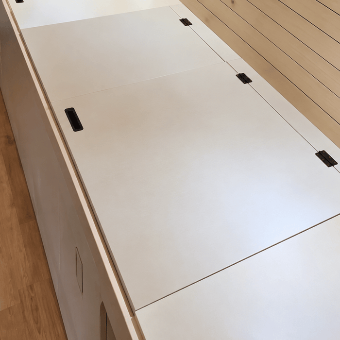 Lightweight White Dinette Bench to Bed Built to Fit Your Sprinter 170 | Vankea