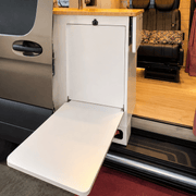 White Kitchen Cabinet with Fold-Out Bamboo Counter for Campervan | Vankea