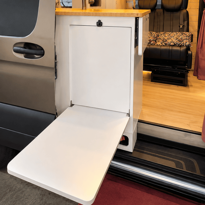 White Kitchen Cabinet with Fold-Out Bamboo Counter for Campervan | Vankea