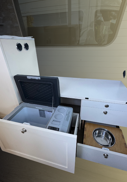 Storage bench with built-in compartments for van organization