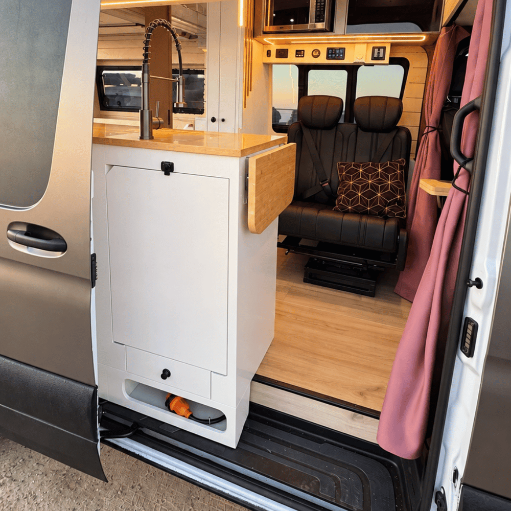 White Kitchen Cabinet with Fold-Out Bamboo Counter for Campervan | Vankea