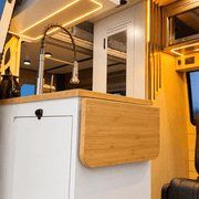White Kitchen Cabinet with Fold-Out Bamboo Counter for Campervan | Vankea