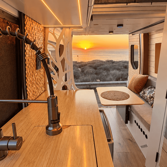 White Kitchen Cabinet with Fold-Out Bamboo Counter for Campervan | Vankea