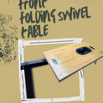 Front-mount folding swivel table with integrated cup holder in van