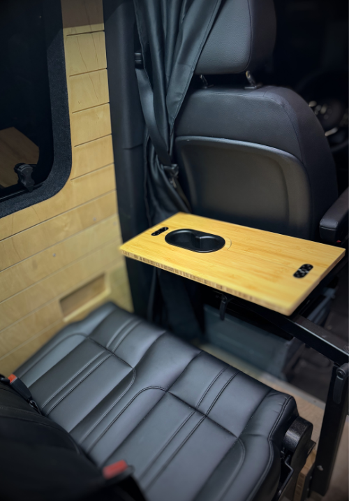 Compact folding swivel table with cup holder for van interiors