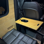 Compact folding swivel table with cup holder for van interiors