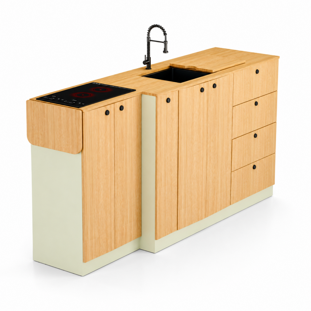 Van Galley Bamboo Kitchen Cabinet Set — Pastel Sage Shaker with Bamboo Countertop