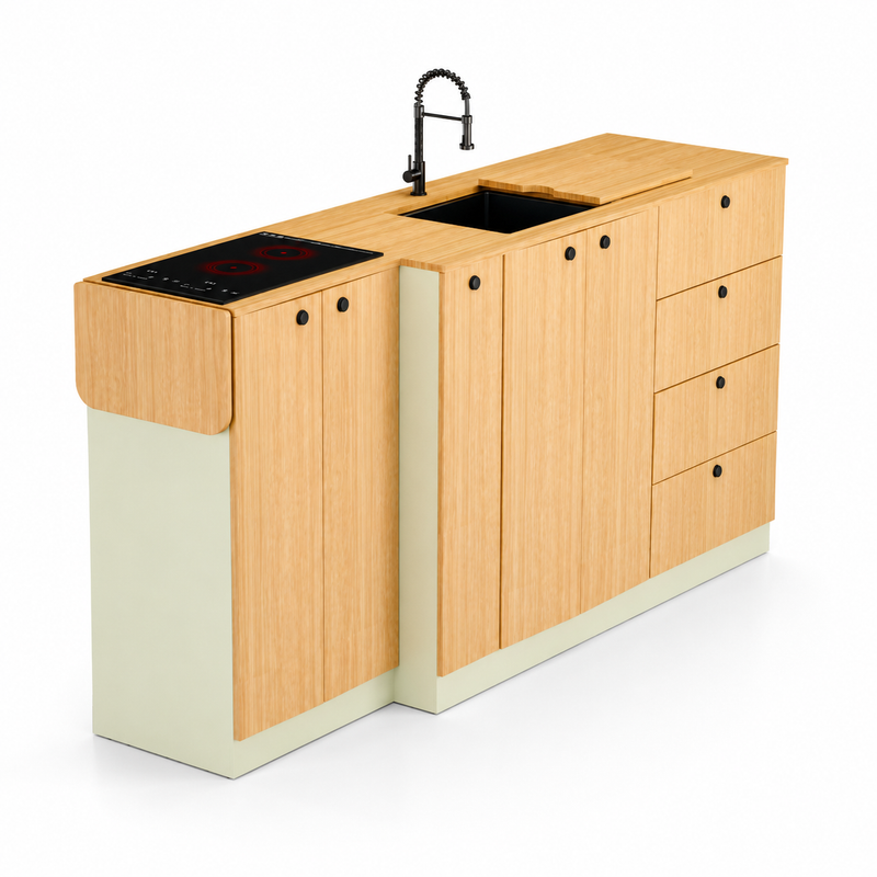 Van Galley Bamboo Kitchen Cabinet Set — Pastel Sage Shaker with Bamboo Countertop
