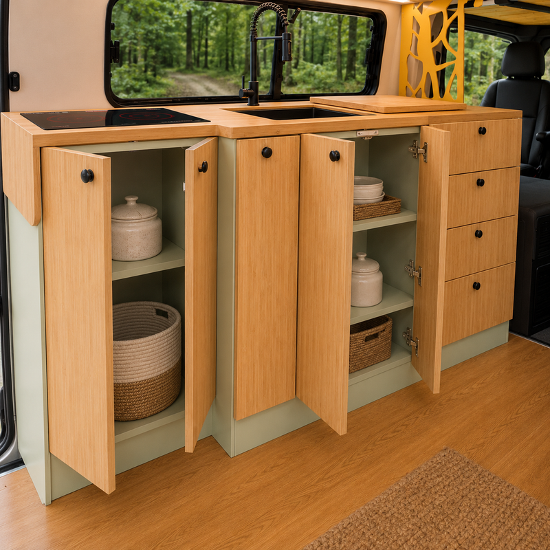 Van Galley Bamboo Kitchen Cabinet Set — Pastel Sage Shaker with Bamboo Countertop