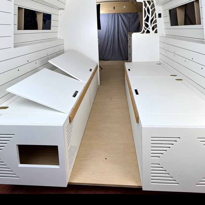Lightweight White Dinette Bench to Bed Built to Fit Your Sprinter 170 | Vankea