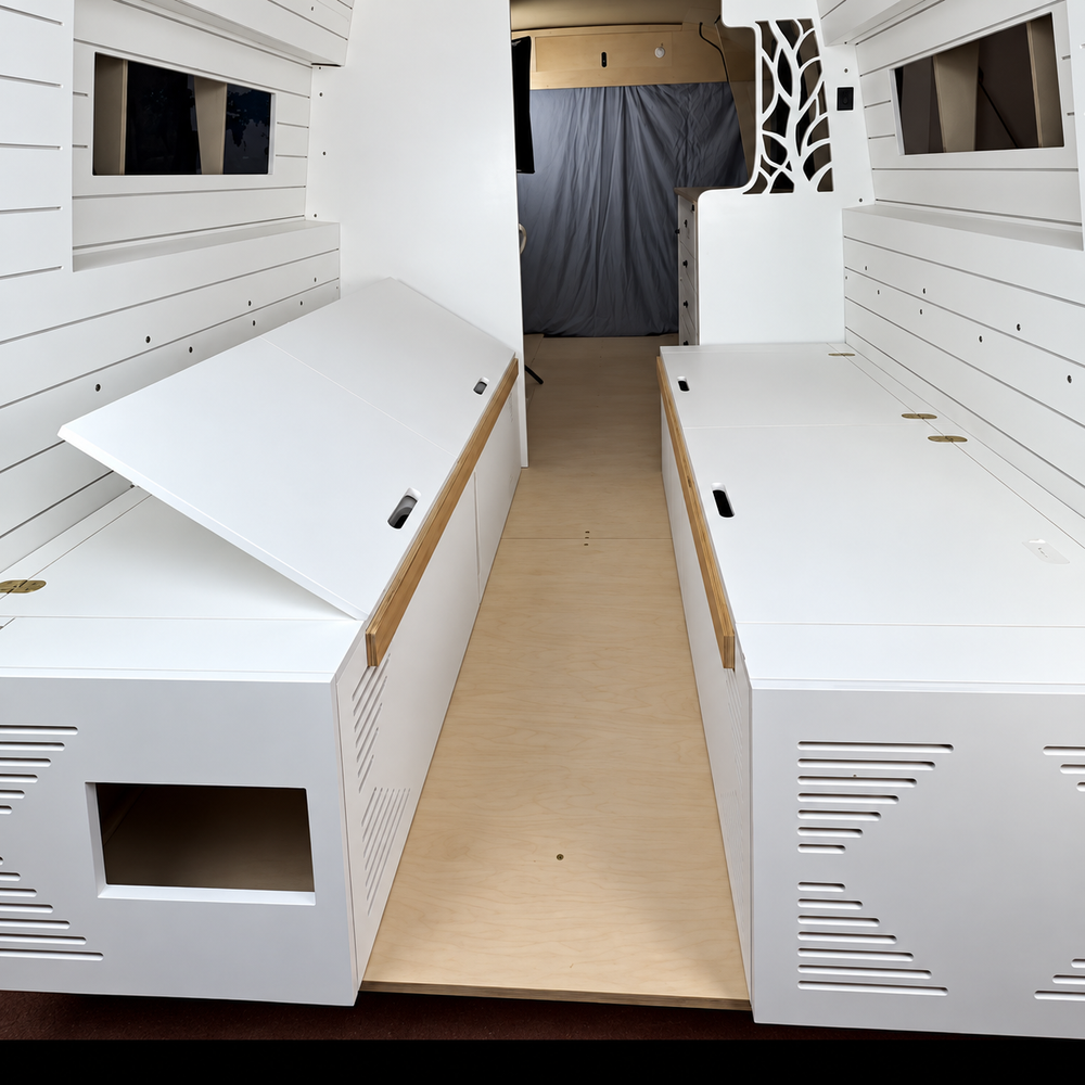 Lightweight White Dinette Bench to Bed Built to Fit Your Sprinter 170 | Vankea