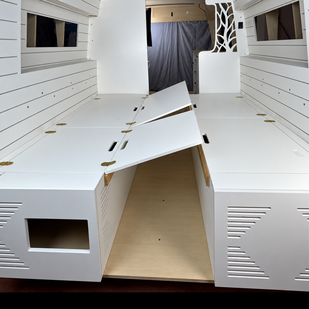Lightweight White Dinette Bench to Bed Built to Fit Your Sprinter 170 | Vankea