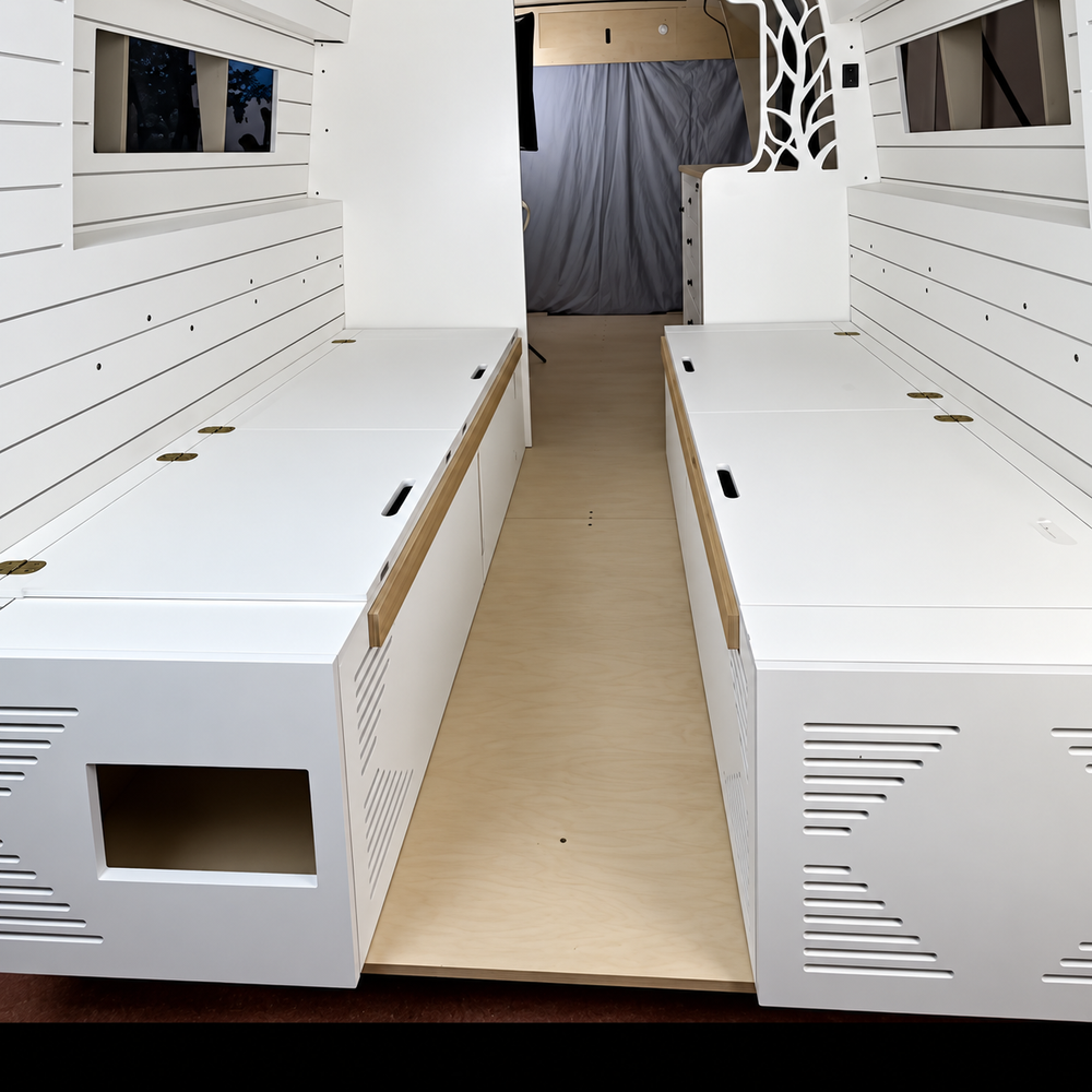 Lightweight White Dinette Bench to Bed Built to Fit Your Sprinter 170 | Vankea