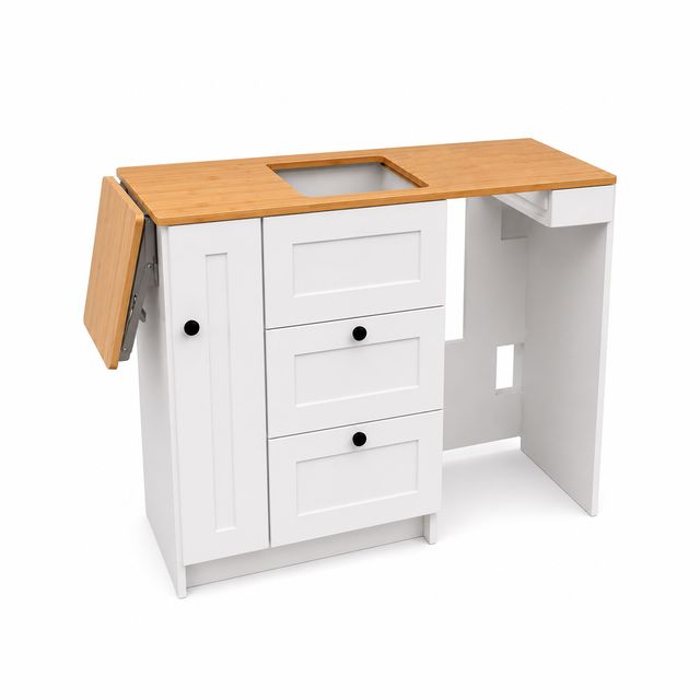 Vankea White Kitchen Cabinet with Fold-Out Bamboo Counter
