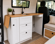 Compact Galley Kitchen Cabinet with Fold-Out Bamboo Counter – Sprinter 144 & Transit 148