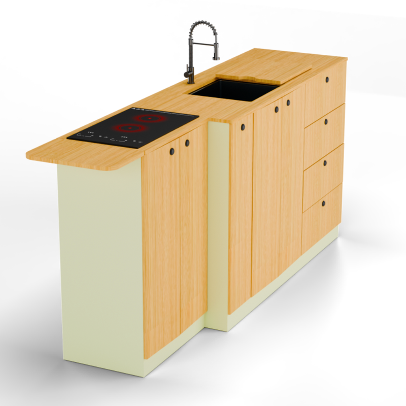 Van Galley Bamboo Kitchen Cabinet Set — Pastel Sage Shaker with Bamboo Countertop