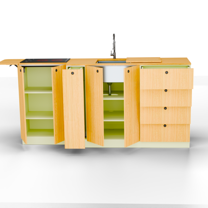 Van Galley Bamboo Kitchen Cabinet Set — Pastel Sage Shaker with Bamboo Countertop