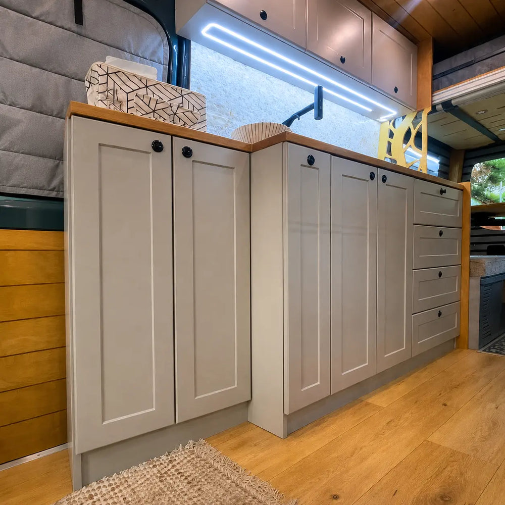 Van Galley Kitchen Cabinet Set — White Shaker with Bamboo Countertop