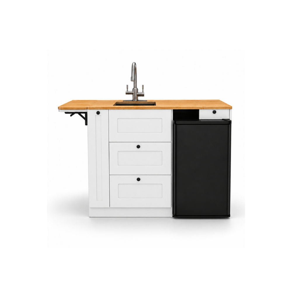 White Kitchen Cabinet with Fold-Out Bamboo Counter for Campervan | Vankea