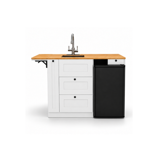 White Kitchen Cabinet with Fold-Out Bamboo Counter for Campervan | Vankea