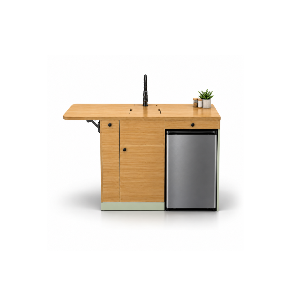 Sprinter Van Kitchen Cabinet with Bamboo Top and Pull-Out Storage in Pastel Sage | Vankea
