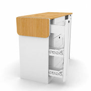 White Kitchen Cabinet with Fold-Out Bamboo Counter for Campervan | Vankea