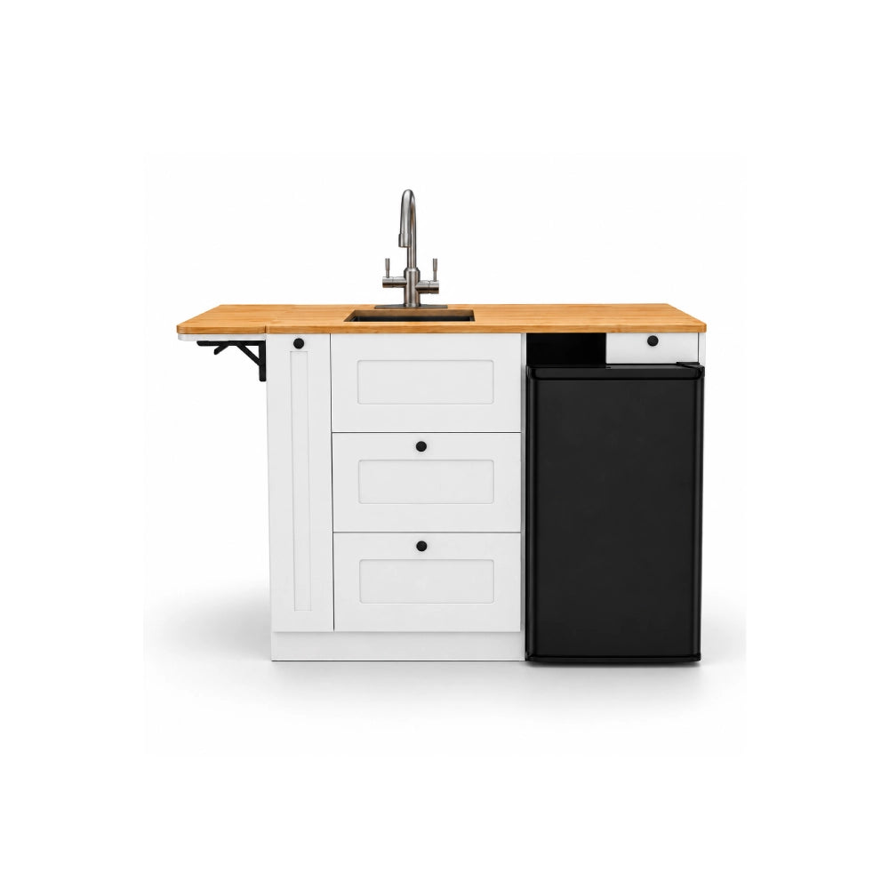 White Kitchen Cabinet with Fold-Out Bamboo Counter for Campervan | Vankea