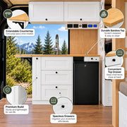 White Kitchen Cabinet with Fold-Out Bamboo Counter for Campervan | Vankea