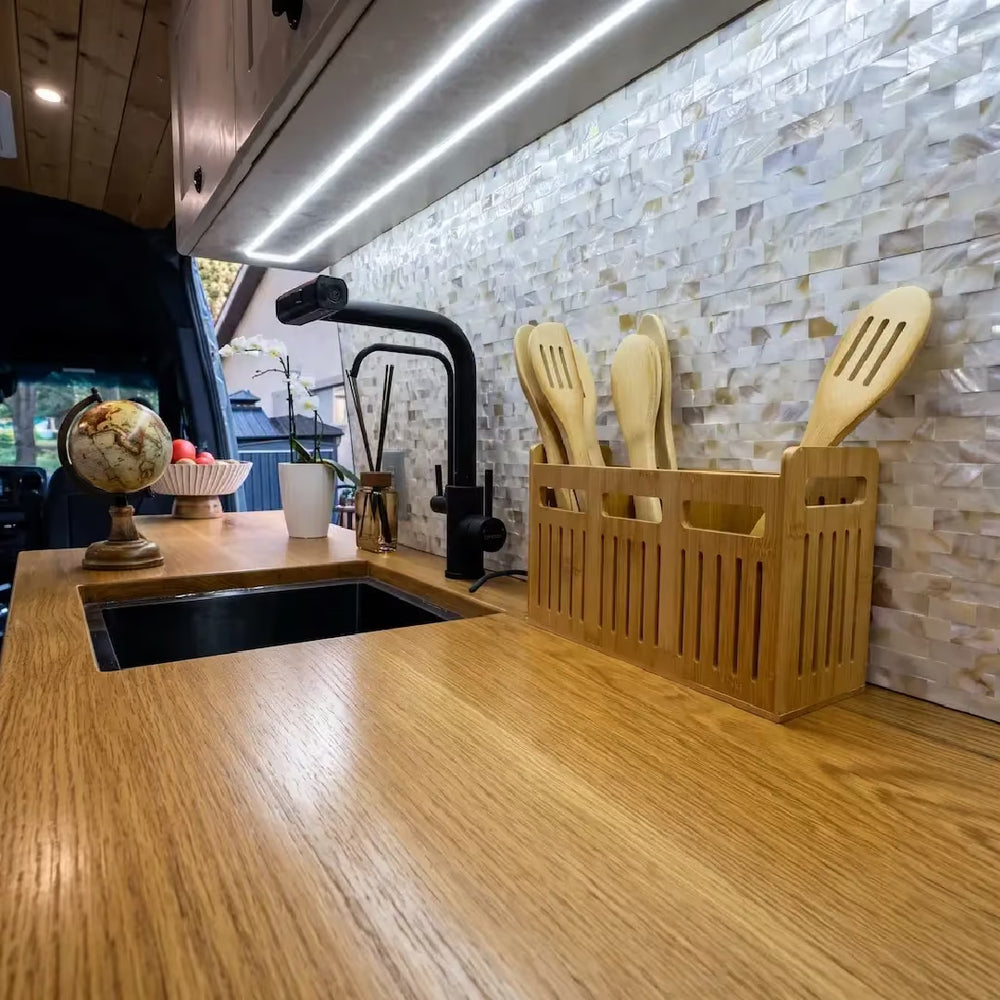 White Shaker Style Campervan Kitchen Cabinet Set with Bamboo Countertop | Vankea