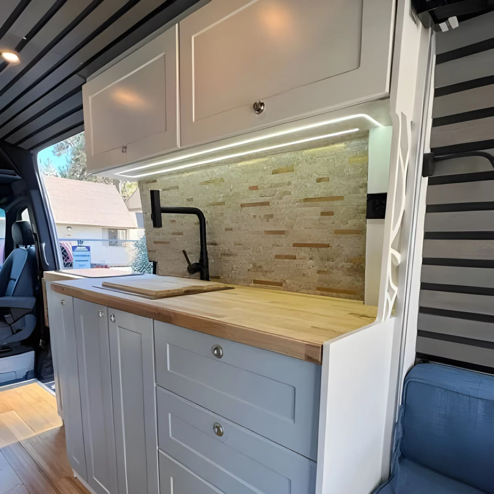 White Shaker Style Campervan Kitchen Cabinet Set with Bamboo Countertop | Vankea