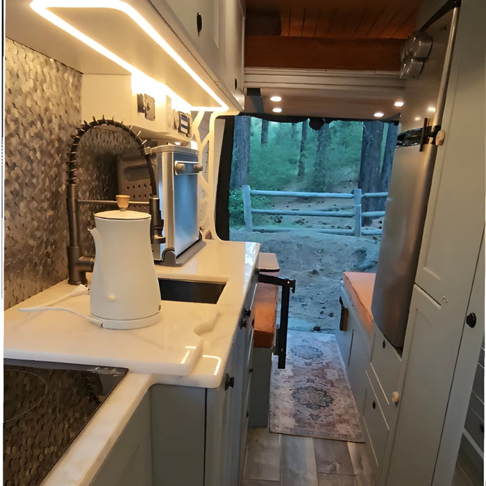 White Shaker Style Campervan Kitchen Cabinet Set with Bamboo Countertop | Vankea