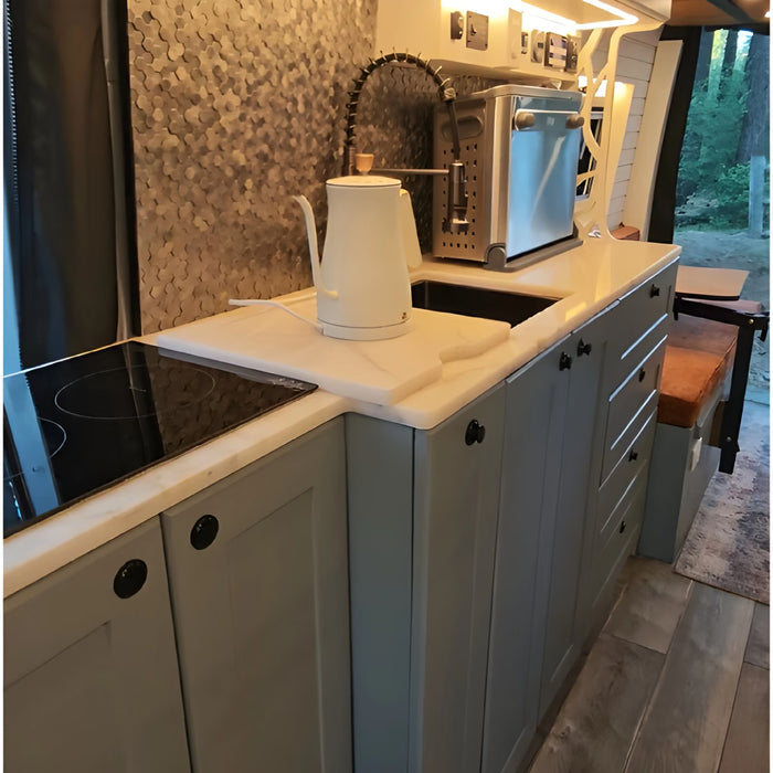White Shaker Style Campervan Kitchen Cabinet Set with Bamboo Countertop | Vankea