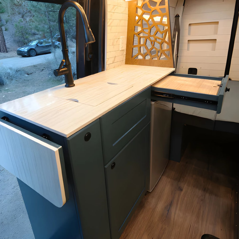 Ford Transit Van Kitchen Cabinet with Bamboo Top and Pull-Out Storage | Vankea