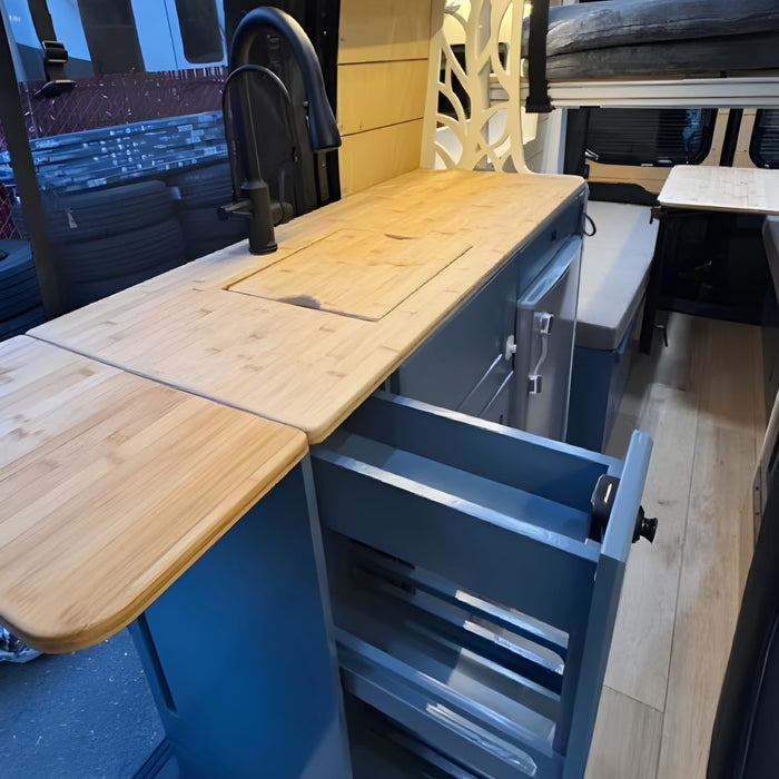 Ford Transit Van Kitchen Cabinet with Bamboo Top and Pull-Out Storage | Vankea