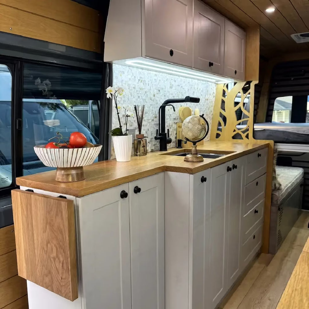 White Shaker Style Campervan Kitchen Cabinet Set with Bamboo Countertop | Vankea