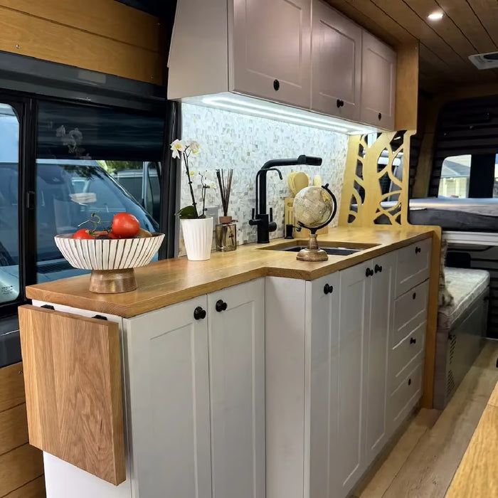 White Shaker Style Campervan Kitchen Cabinet Set with Bamboo Countertop | Vankea