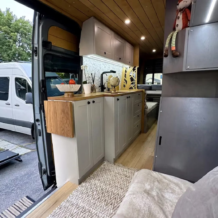 White Shaker Style Campervan Kitchen Cabinet Set with Bamboo Countertop | Vankea